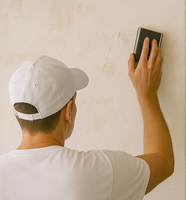 Foto do Pintor Mr Marlon preparando a parede antes de entrar com a pintura