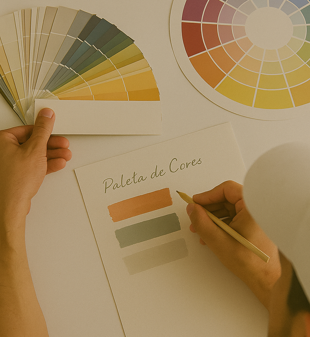 Foto do Mr Marlon escrevendo as cores selecionadas para pintura da parede da cliente, com outras opções de cores na palheta em cima da mesa