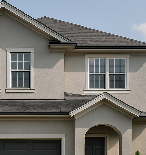 Foto de uma casa de alto padrão com uma pintura cinza claro no seu exterior