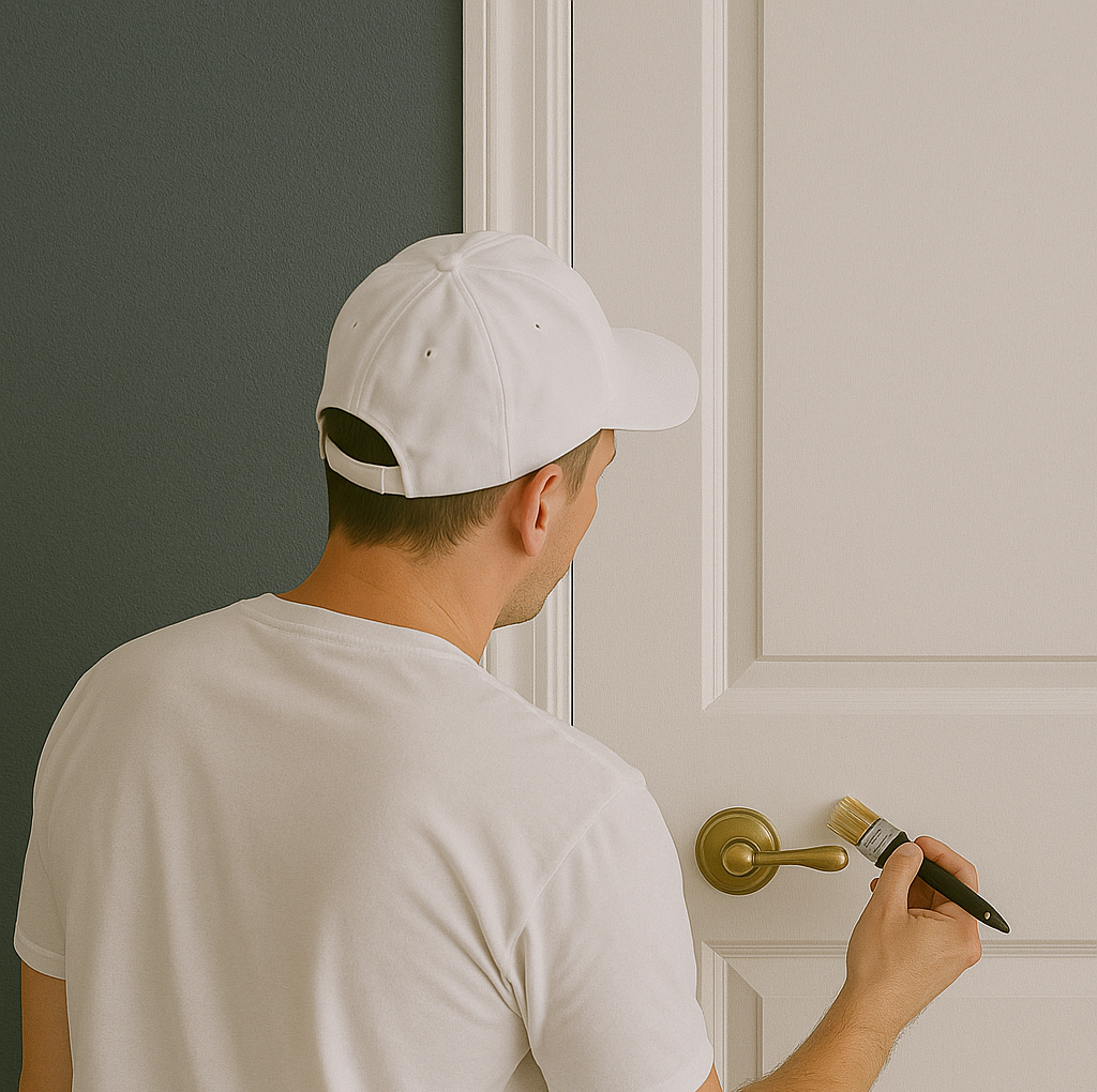 Foto do Pintor Mr Marlon revitalizando a maçaneta de uma porta