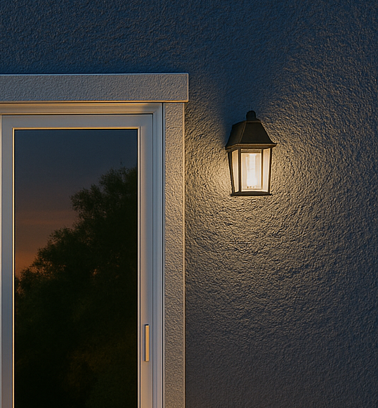 Foto da entrada do quintal para a casa mostrando a parede azul marinho com textura realçada por uma luminária na parede.