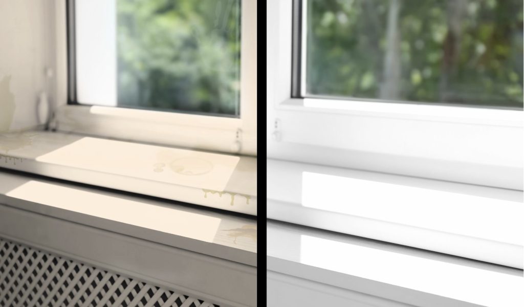 antes e depois da pintura da janela e seu batente