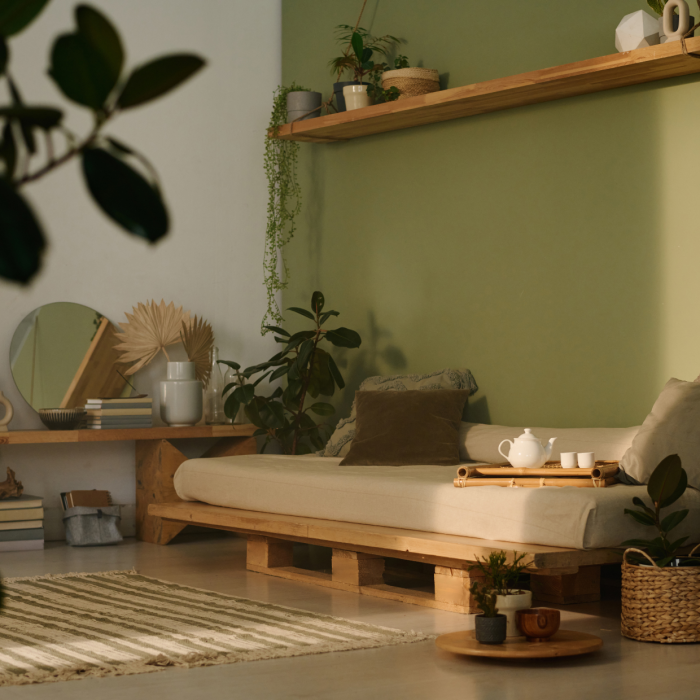 Ambiente de descanso com uma das paredes pintadas de verde musgo