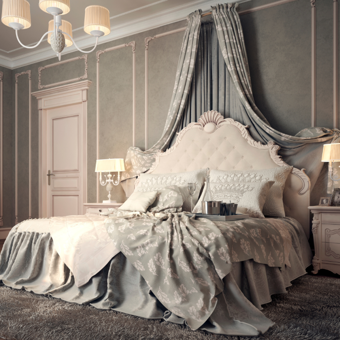 Quarto no estilo camponesa com as paredes texturizadas e pintadas de cinza