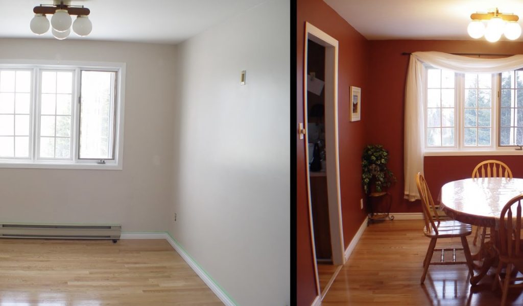 antes e depois da pintura na cor marsala da copa de uma casa