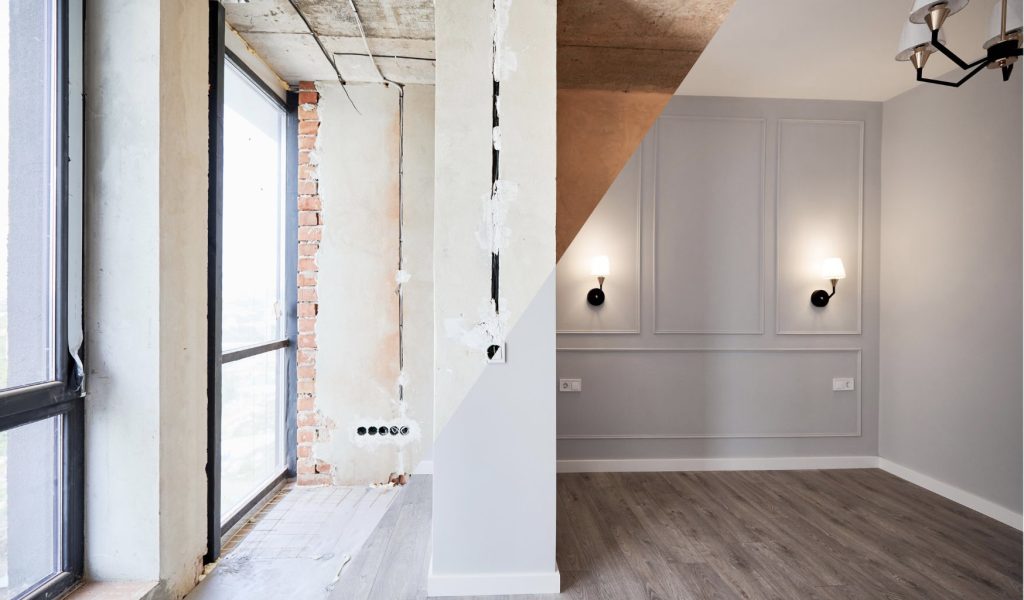 antes e depois da pintura cinza claro de uma loja de marca