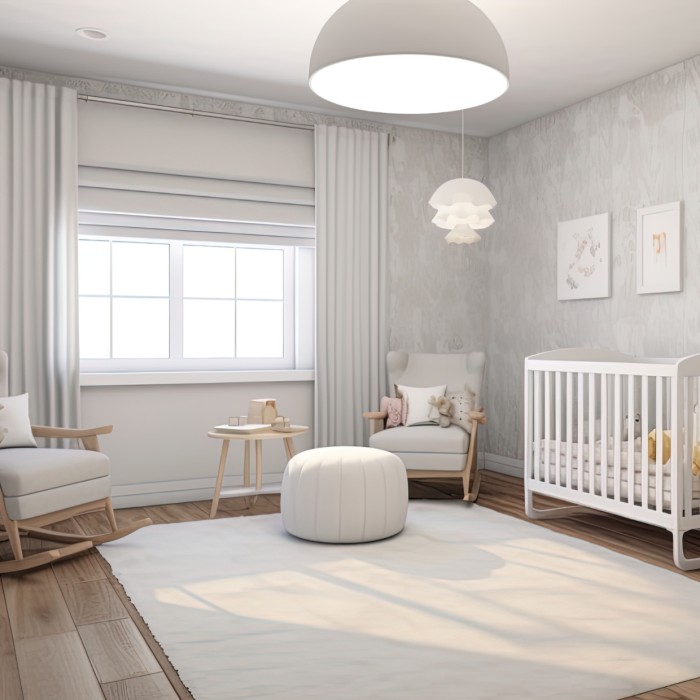 Quarto de bebê minimalista e charmoso com as paredes pintadas e texturizadas de cinza claro